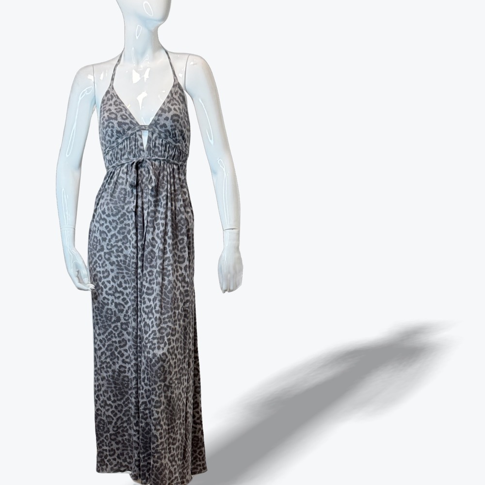 Rebecca Taylor Maxi Dress Halter Keyhole Tie Grey Leopard Print XS Cotton Blend